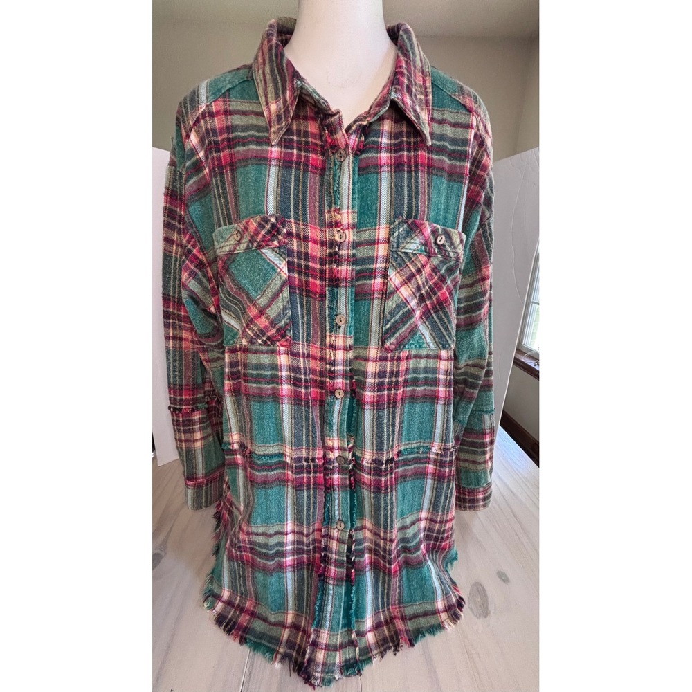 Oli & Hali Green Plaid Flannel Shacket Button Up Shirt Raw Hem EJ38892 Women's M